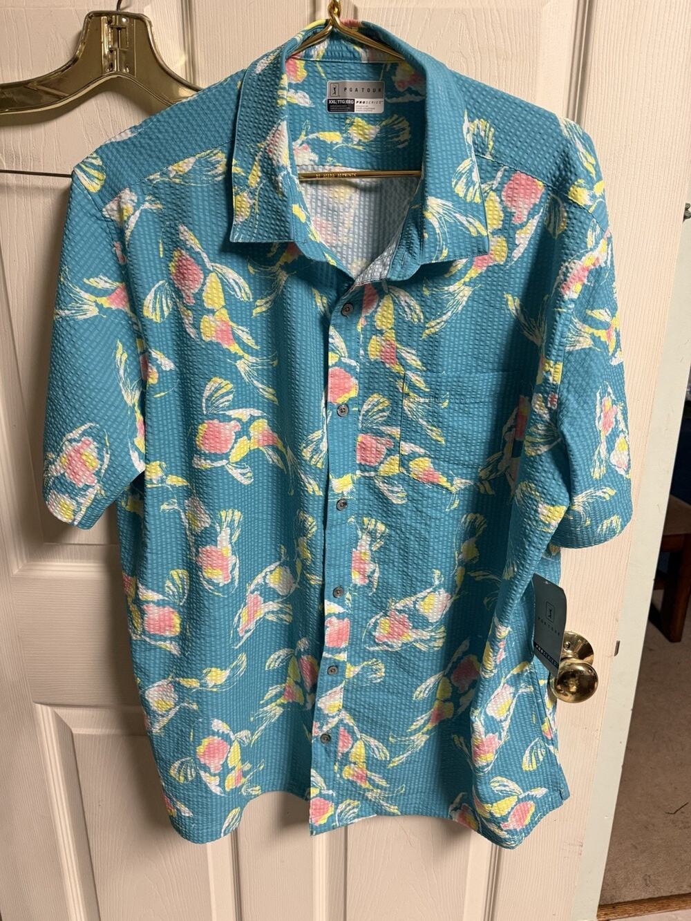 PGA Tour Shirt Men 2xl Scuba Blue Koi Fish Pro Series Golf Seersucker button 52w